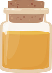 Glass jar with cork stopper holding golden liquid
