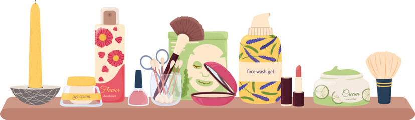 Personal care products with cosmetics on shelf