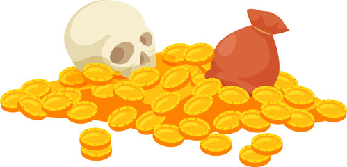 Pirate treasure with skull and gold money bag