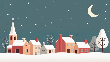 Minimalist / flat design: `Flat geometric illustration of a snowy English village skyline for a Christmas postcard, blocky houses, stylized church, night sky with a crescent moon, muted pastel winter 