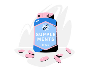 Supplement bottle and pills vector illustration. Modern vitamin jar with a stylized label and pink oval pills scattered around. Concept for dietary, sport nutrition, fitness, pharmacy, health care