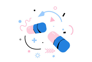 Pill supplement concept vector illustration. Two capsules blue pink in a dynamic, abstract memphis style composition. Represents medicine, supplement intake, health care, pharmacy and synergy