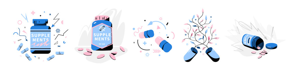 Supplements concept vector illustration set. Energy capsules, nutrition bottle, herbal organic medicine, spilled pills. Concept for health, vitamins, fitness and modern pharmacy design.