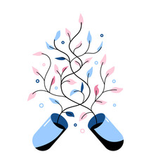 Natural supplements concept vector illustration. Open capsule with blue pink botanical branches growing out, symbolizing herbal, organic supplements, natural medicine, wellness, and healthy growth.