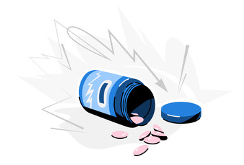 Spilled pills and medicine bottle vector illustration. Overturned blue bottle with pink pills spilled out, surrounded by dynamic graphic elements. Represents medication, supplement health, treatment