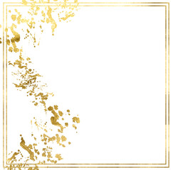 Frame Golden Foil Pieces flakes of gold texture. splashes of gold on a transparent background. Gold glitter edging made of luxurious gold abstract foil with gold glitter for celebration, wedding.