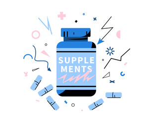 Supplement bottle, capsules vector illustration. Blue supplement jar with label and blue pills surrounded by dynamic, lightning shapes. Concept for vitamins, sport nutrition, energy, health, fitness.