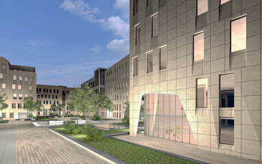 Modern Urban Skyline with High-Rise Towers at Dusk. 3D Rendering