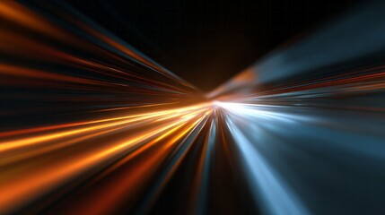 Glowing streaks of light rush forward into a dark vanishing point