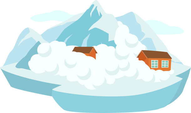 Avalanche natural disaster impacting houses near mountains