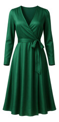 Emerald green V-neck wrap dress with long sleeves and side tie.