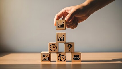 A pyramid of wooden blocks with various business and strategy symbols being built by a hand