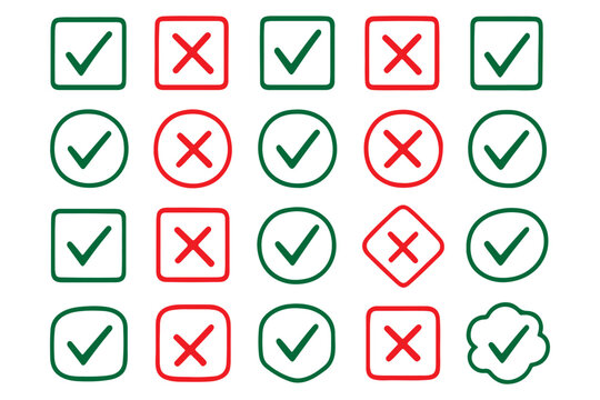 Check tick mark icon set. Cross box x check mark checkbox v list vector draw hand drawn brush marker checklist symbol wrong right Square Boxes. Vector Illustration 