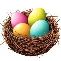 Fototapeta premium Bird's Nest with Four Brightly Colored Easter Eggs Keywords: easter, eggs, nest, bird's nest isolated on a transparent background