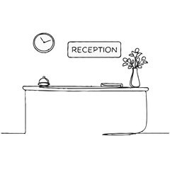 Fototapeta premium Line art of a hotel reception desk with clock and flowers on isolated background 