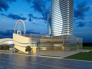 Modern Urban Skyline with High-Rise Towers at Dusk. 3D Rendering