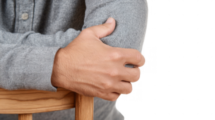 Close up of a man's hand tightly gripping an armrest, conveying feelings of anxiety, stress, or tension, isolated on a transparent background