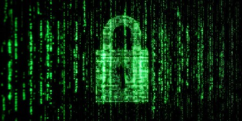Digital padlock symbol glows brightly amidst falling computer code streams