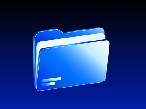 3d blue folder icon with open tab and document sheets on a dark blue gradient background. 3d vector illustration. Vector illustration