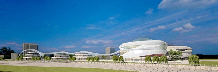 Modern Urban Skyline with High-Rise Towers at Dusk. 3D Rendering