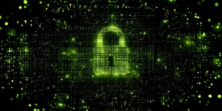 Glowing digital padlock icon illuminates a dark, abstract background composed of tiny green data points - Powered by Adobe