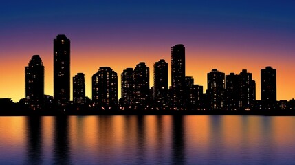 A vibrant city skyline silhouette reflects in the calm water during a colorful sunset with buildings illuminated by evening lights