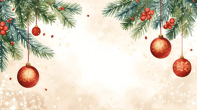 watercolor style Christmas card background is white and redish, soft pastel colors, pine branches and ornaments painted in red, with some red barries at branches of pine PNG