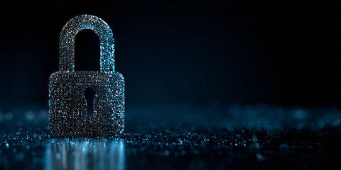 Illuminated digital padlock icon rests upon a dark, sparkling surface in a wide panoramic view.