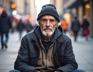 Bezdomny mężczyzna na ulicy w mieście