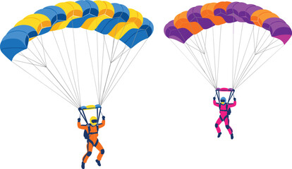 Paragliding and Skydiving Illustration Set Showing Two Parachutists with Colorful Canopies Representing Extreme Sports, Adventure Travel, Outdoor Recreation, and Freedom Concepts © munzuara