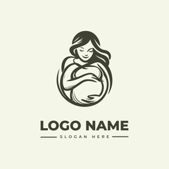 A minimalist vector illustration of a pregnant woman in a circular logo design with a placeholder logo name and slogan on a clean background.
