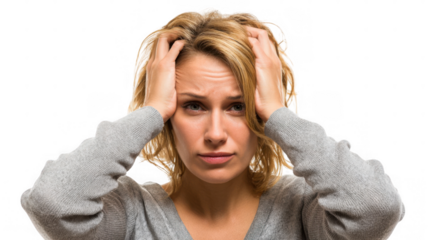 Young woman with curly hair and grey sweater is holding her head with both hands, suffering from vertigo, dizziness, headache or migraine, isolated on transparent background