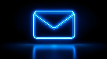Blue Neon Envelope Icon Glowing in Darkness with Reflection.