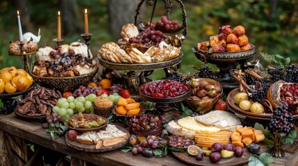 A festive food display featuring fruit cheese and baked goods