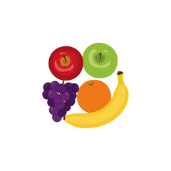 Colorful Assortment of Ripe Fruits Featuring Apples Oranges Bananas and Grapes.