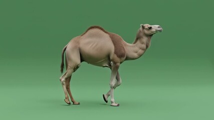 Dromedary Camel Walking and Standing on Solid Green Background 3D Animation