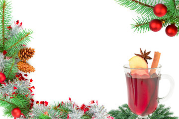 Festive Christmas Mulled Wine with Pine Branches and Copy Space
