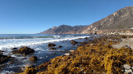 Golden seaweed rocky shore ocean wave coastal landscape blue sky mountain cliff sunny day seaweed beach shoreline wilderness view