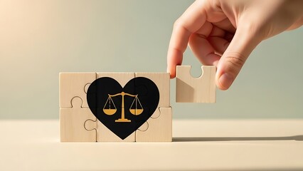 A hand completing a heart shaped jigsaw puzzle with a scale icon symbolizing balance and love in justice and relationships perfectly
