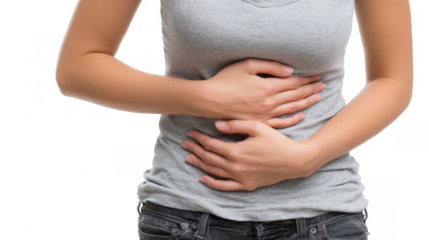 Young man holding his belly suffering from abdominal pain, digestive problem, gastritis, period cramps, appendicitis or food poisoning, isolated on transparent background