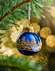 Collection of photos showcasing a luxury glass Christmas ornament with delicate gold filigree, hand-painted details, green fir branches, and warm golden bokeh lights creating a magical festive glow.