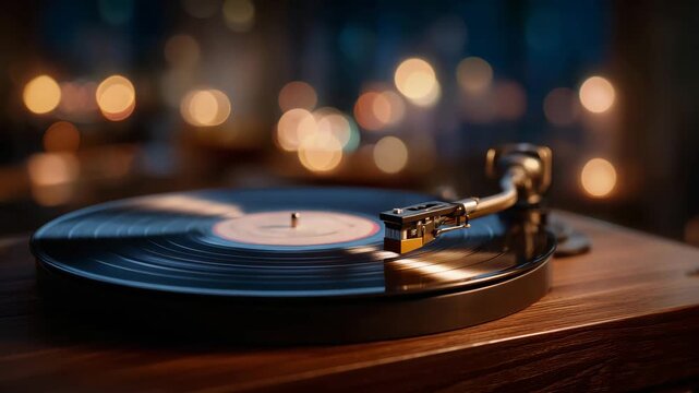 295Close-up of a vintage turntable spinning a vinyl record, warm wooden tones, stylus gently touching grooves, soft ambient lighting emphasizing classic music vibes