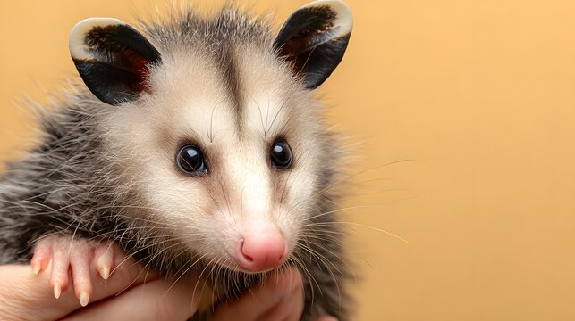 Close up of a cute opossum held in a hand against a warm orange background.