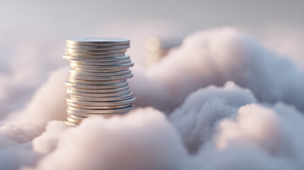 Cloud computing coin stack finance concept, cloudy sky wealth background, dreamy soft light investment metaphor, abstract savings growth idea