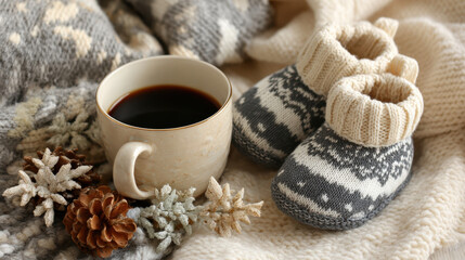 Winter baby booties coffee mug pinecone knit blanket soft cozy warm neutral tone comfort