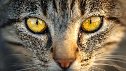 Close up of a tabby cats intense yellow eyes and striped face.