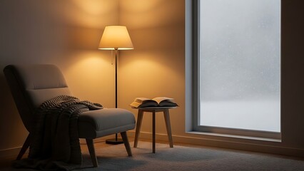 Cozy Reading Nook with Warm Lighting and a Large Window in a Contemporary Living Space