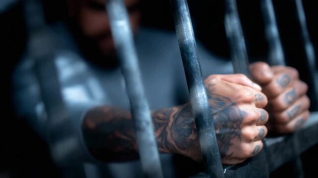 300Man&rsquo;s hands with detailed tattoos extending through vertical bars, his body concealed in shadow, background blurred, evoking confinement and tension