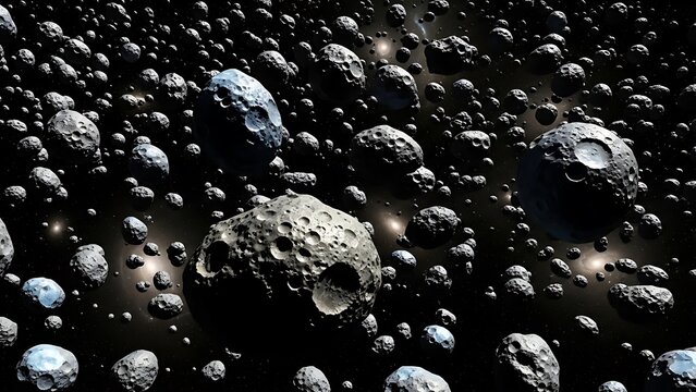 An illustration of a dense asteroid belt in deep space, featuring numerous rocky bodies and craters. The astroid belt holds ancient space secrets.