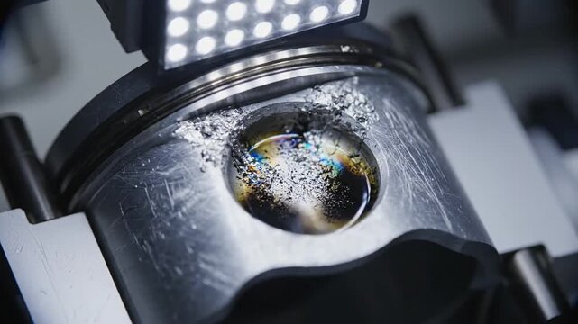 Close-up of engine piston with iridescent liquid under LED illumination, automotive engineering and research